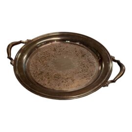 Silverplate Engraved Round Handled Tray, Vintage