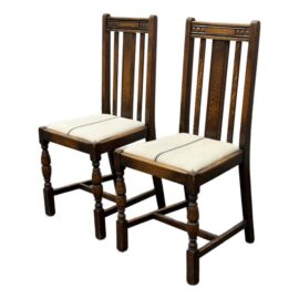 Jacobean Revival Antique Oak Upholstered Side Chairs, Pair