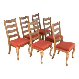 Ladder-Back Oak Wood Dining Chairs, Set of Six