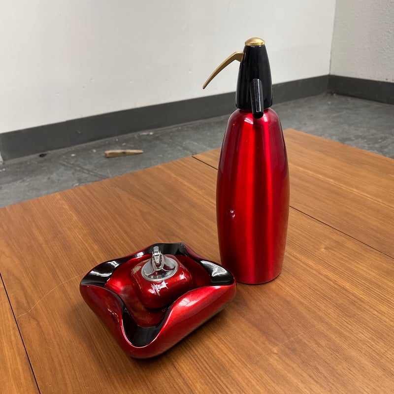 Vintage iSi Austria Red Soda Siphon, Ashtray + Table Lighter Set