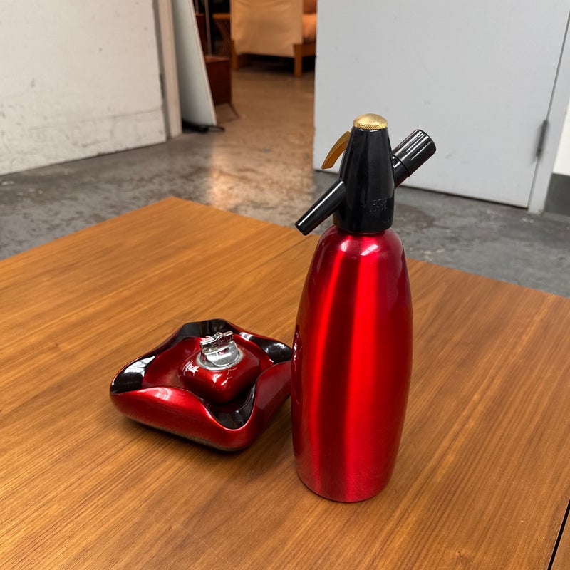 Vintage iSi Austria Red Soda Siphon, Ashtray + Table Lighter Set