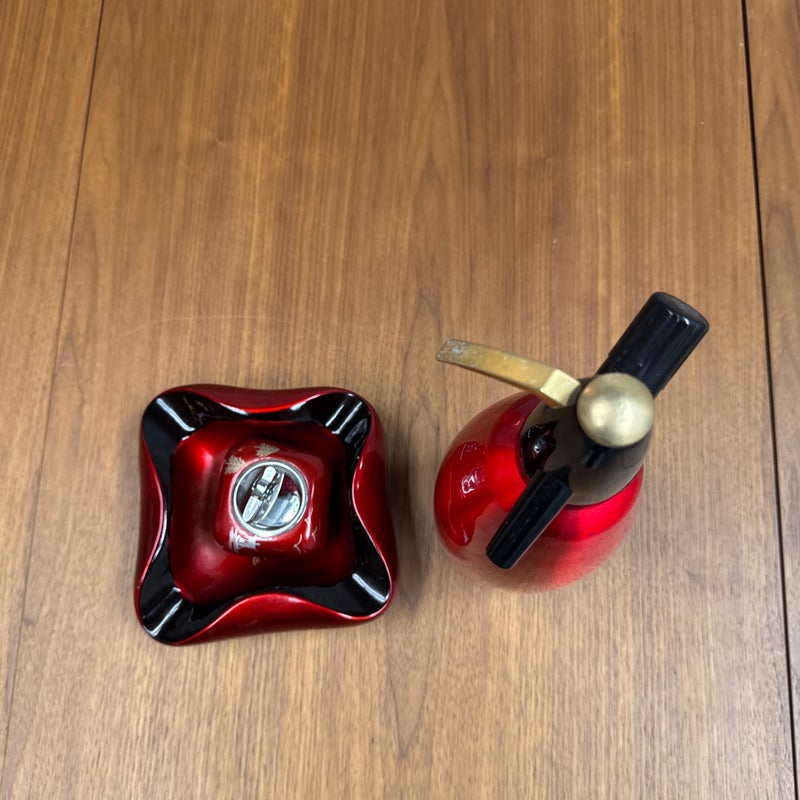 Vintage iSi Austria Red Soda Siphon, Ashtray + Table Lighter Set