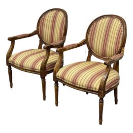 Ethan Allen Francesca French Louis XVI Upholstered Armchairs, Pair. Estimated Price: $3,000