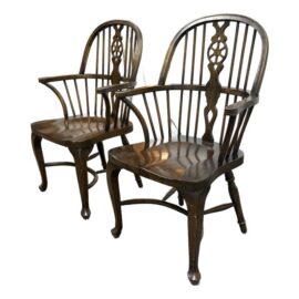 English Windsor Style Vintage Arm Chairs, Pair