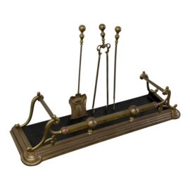 Brass Fireplace Fender + Three-Piece Tool Set, Vintage