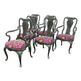 Custom Queen Anne Revival Upholstered Armchairs, Set of Six