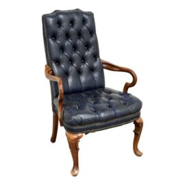 Queen Anne Style Tufted Blue Leather Armchair