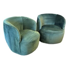 Lulu and Georgia Rue Green Velvet Swivel Chairs, Pair. Original Price: $2,800