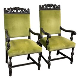 Antique Carved Wood Couples Armchairs, Pair