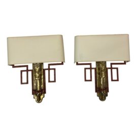 Vintage Chinoiserie Glass Torch + Metal Wall Sconces, Pair