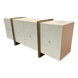Vuue for CB2 Dorset Lacquered Linen & Brass Credenza. Original Price: $2,000