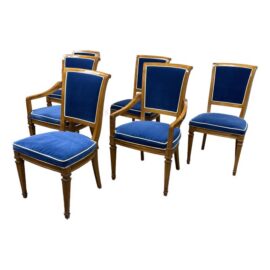 Heritage Neoclassical Blue Velvet Dining Chairs, Set of Six. Estimate Price: $3,000