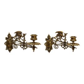 Ornate Brass Antique Piano Sconces, Pair