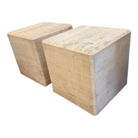 Italian Vintage Travertine Cube Side Tables, Pair