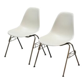 Charles and Ray Eames for Herman Miller White Molded Plastic Stackable Side Chairs, Pair. Original Price: $990