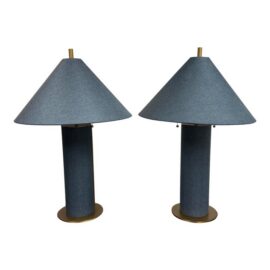 Crate & Barrel Large Remi Navy Blue Linen Table Lamps, Pair. Original Price: $600
