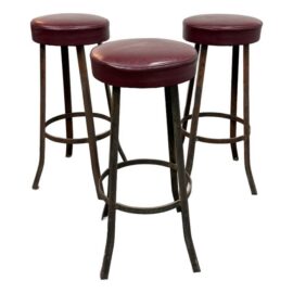 Mid 20th Century Burgundy Vinyl + Metal Bar Stools, Set of Three