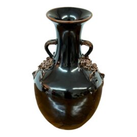 Antique Replica Chinese Dark Glaze Twin-Handle Floral Pottery Vase
