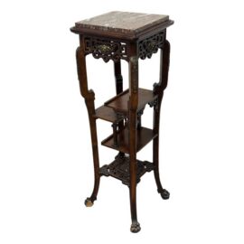 Chinoiserie Carved Wood Tiered Marble Top Stand