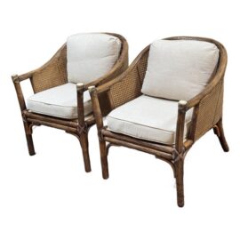 McGuire Furniture Vintage Barrel Rattan & Cane Lounge Armchairs, Pair