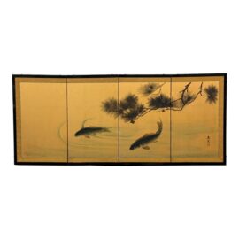 Hand Painted Asian Koi Fish Folding Screen
