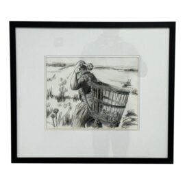 Drawing of European Laborer in Charcoal, Framed