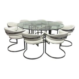 Contemporary Glass Dining Table + Eight White Leatherette Dining Chairs, Set of Nine. Original Price: $5,000