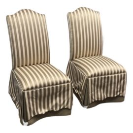 Ethan Allen Striped Upholstered Skirted Dining Chairs, Pair. Estimated Price: $1,400