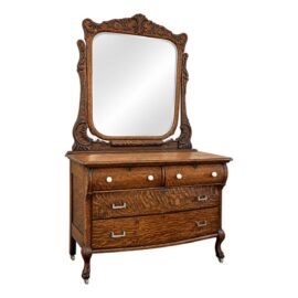 Eastlake Tiger Oak Wood Dresser With Mirror, 19th Century