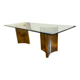 Mastercraft Trilobi Brass Double Pedestal Glass Dining Table. Estimate Price: $8,500