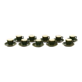 Apilco Green + Gold Bistroware Demitasse Cups + Saucers, Set of Ten