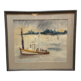 Sanford Brooks Mid Century Harbor Scene Watercolor Painting, Signed