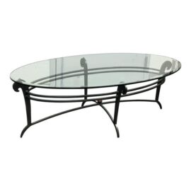 French Art Deco Style Wrought Iron Oval Glass Coffee Table