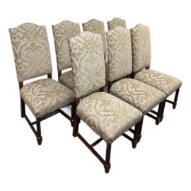 French Louis XIII Style High Back Damask Dining Chairs, Set of Seven