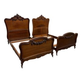Twin Size Louis XV Style Antique Carved Wood Bed Frames, Pair