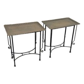 Egyptian Vintage Brass Tray + Wrought Iron Side Tables, Pair