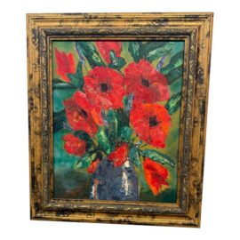 Boulet Red Flower Still Life Painting, Signed