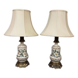 White Lily Hand Painted Ceramic Table Lamps, Pair
