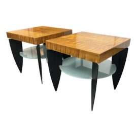Postmodern Figured Maple + Frosted Glass End Tables