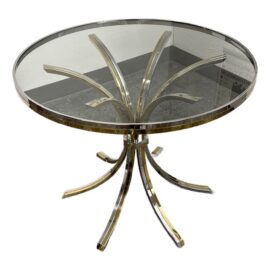 Italian Mid-Century Brass + Chrome Round Glass Dining Table