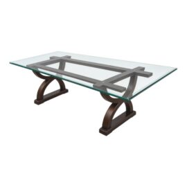 Contemporary Sculptural Trestle Wood + Glass Dining Table