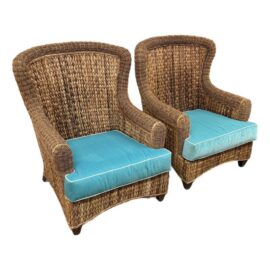 Rattan Wingback Mid 20th Century Chairs, Pair