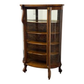 Victorian Quarter-Sawn Tiger Oak Curved Glass Curio