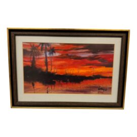 J. Chang Tropical Sunset Palm Trees Watercolor Painting, Signed