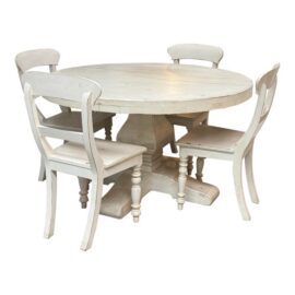 French Country Farmhouse Round Extension Dining Table + Four Chairs Set