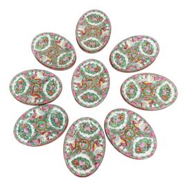 Oriental Rose Famille Medallion Oval Plates, Set of Eighteen