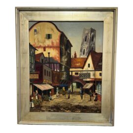 T. Silver Vintage European Village Oil Painting, Signed