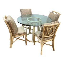 McGuire Furniture Lattice Back & Seashell Printed Dining Side Chairs and Glass Bistro Table, 28 Inches