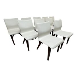 X-Back White Leather and Dark Walnut Wood Dining Side Chairs, Set of Ten