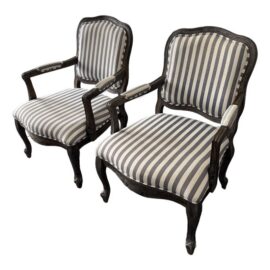 French Louis XV Style Striped Fauteuil Armchairs, Pair. Original Price: $1,000